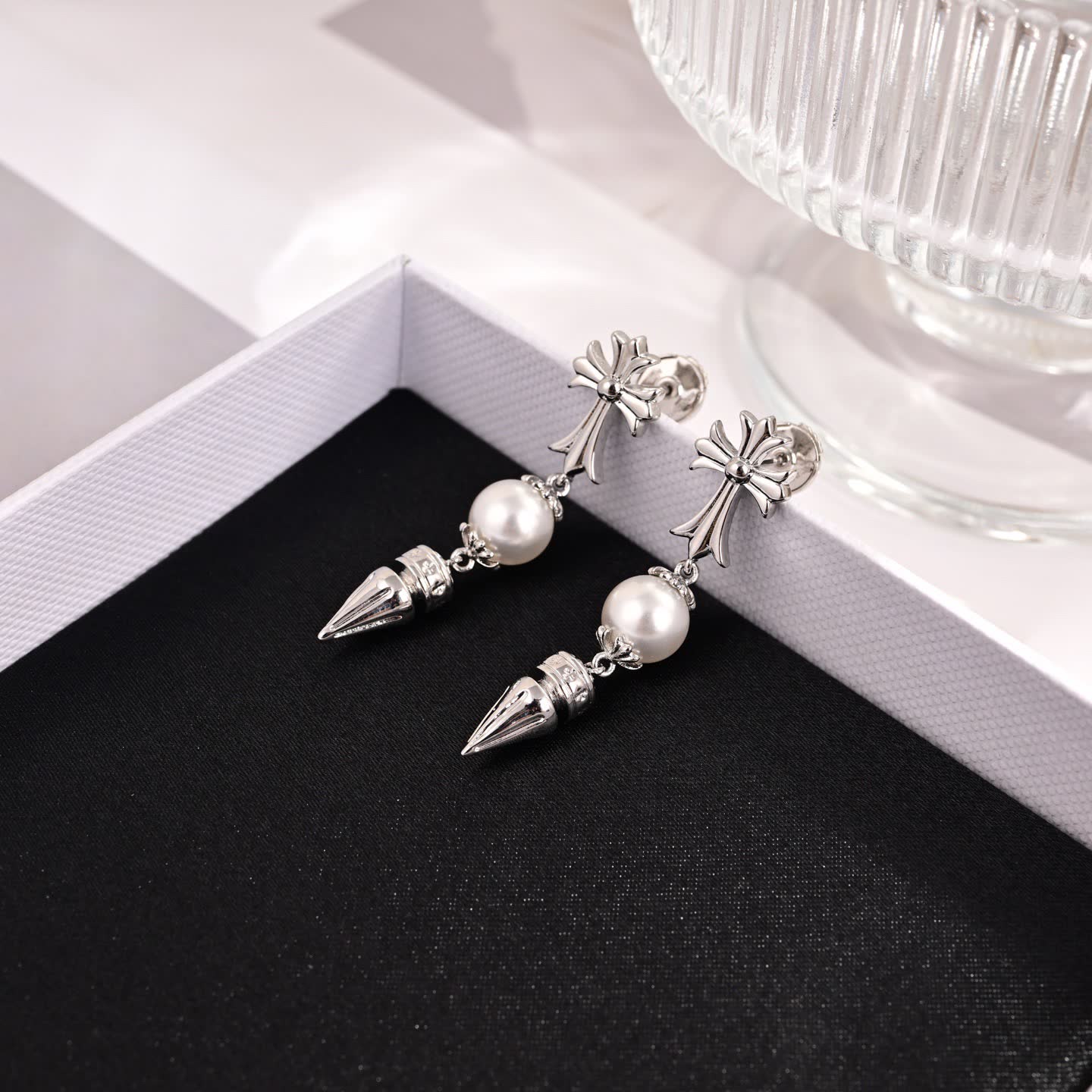 Chrome Hearts Silver Cross Pearl Drop Earrings
